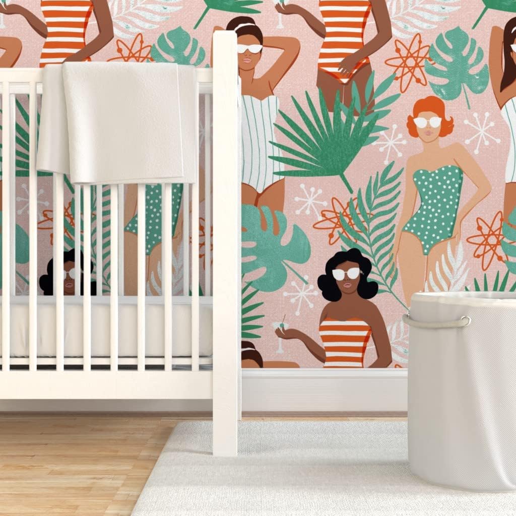 Spoonflower Peel & Stick Wallpaper 6ft x 2ft - Palm Summer Beach Feminine Women Girl Power Custom Removable Wallpaper