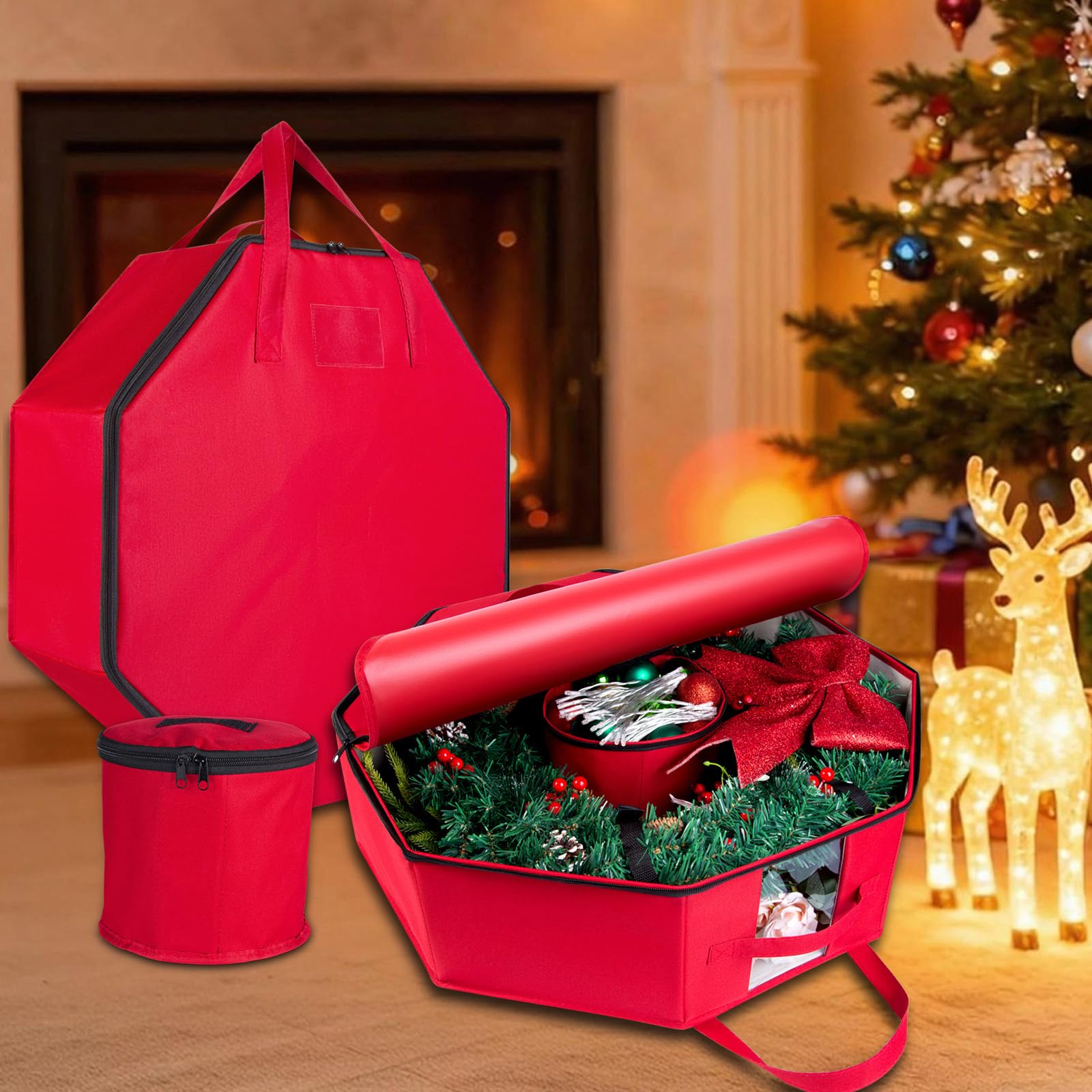 BrilliantJo 2 Pack Wreath Storage Christmas Garlands Bag with Interior Pockets duty 600D Oxford Fabric 24 Inch Xmas Container Box for holiday Decorations Case Dual Zipper Handles Labeling Slot Red — image 1