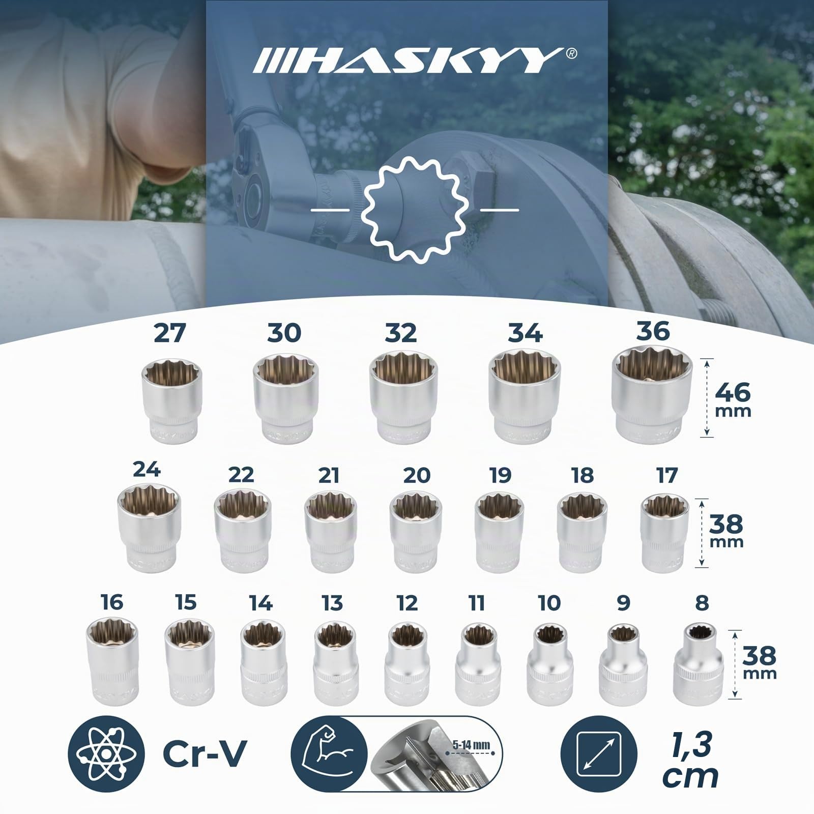 HASKYY - Set di chiavi a bussola esagonali e XZN Torx, 21 pezzi, 8-36 mm, 12 denti, esagonale
