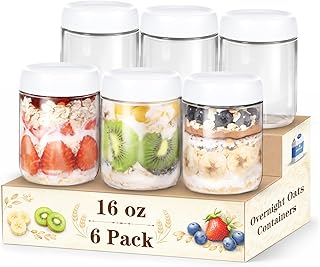 6-Pack Glass Storage Containers with Lids, Overnight Oats Containers with Lids, Wide Mouth Mason Jars 16oz, Glass Jar with Airtight Lid for Yogurt, Chia, Spice, Snack, Oats, Food Storage
