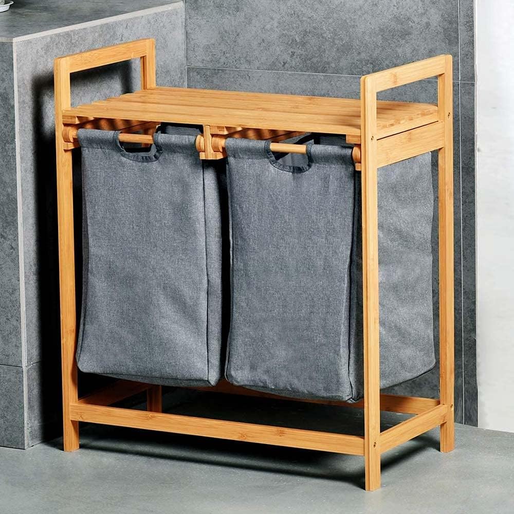 Bakaji Cesto Biancheria Sporca in Bambu Doppia Cesta in Tessuto Grigio, Portabiancheria da Casa, Bagno Con 2 Scomparti, Contenitore Salvaspazio Antiodore (74 x 64 x 33 cm)