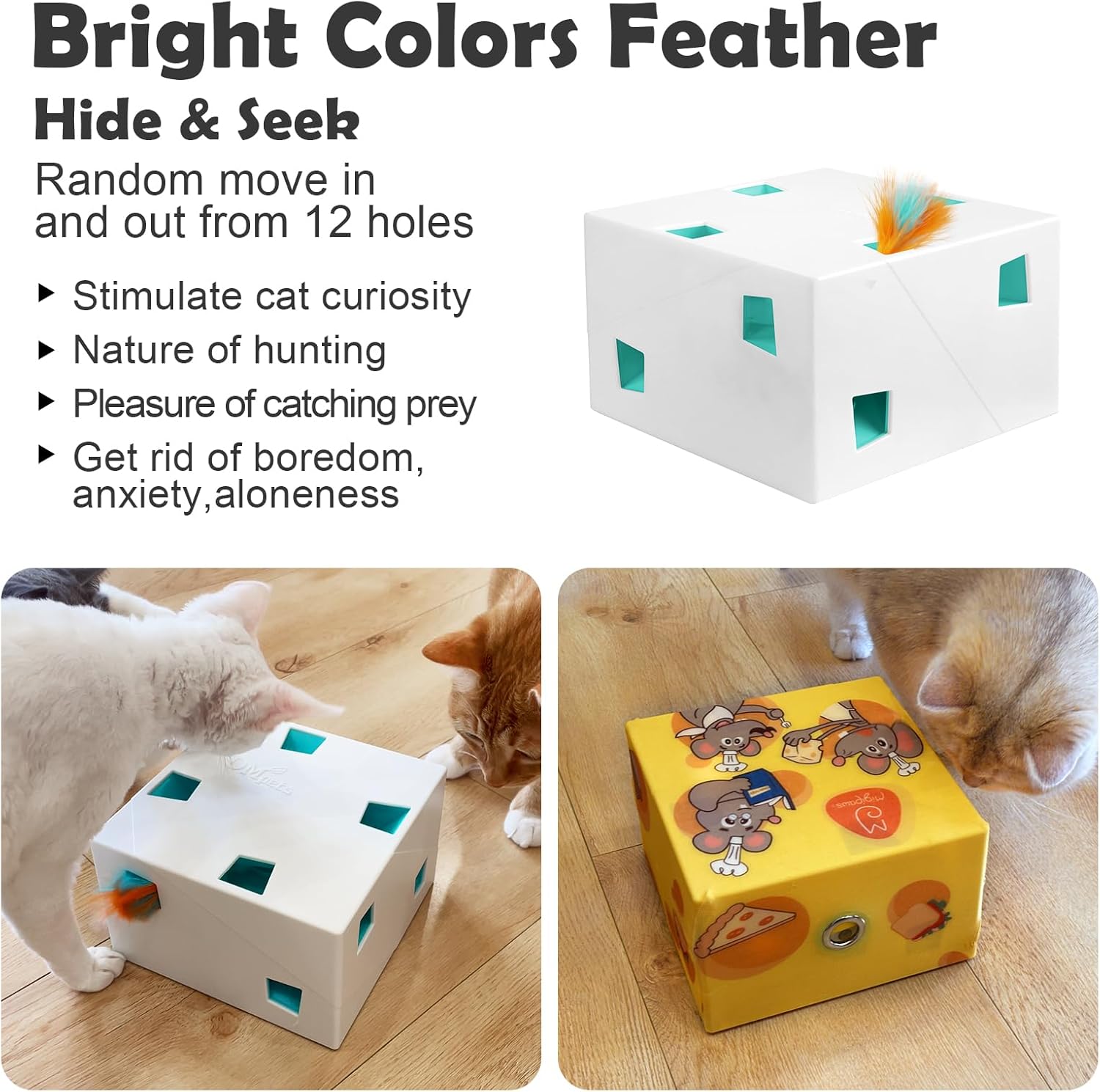 Two cats playing with the Migipaws MigiBox Plus, showing feathers emerging from holes