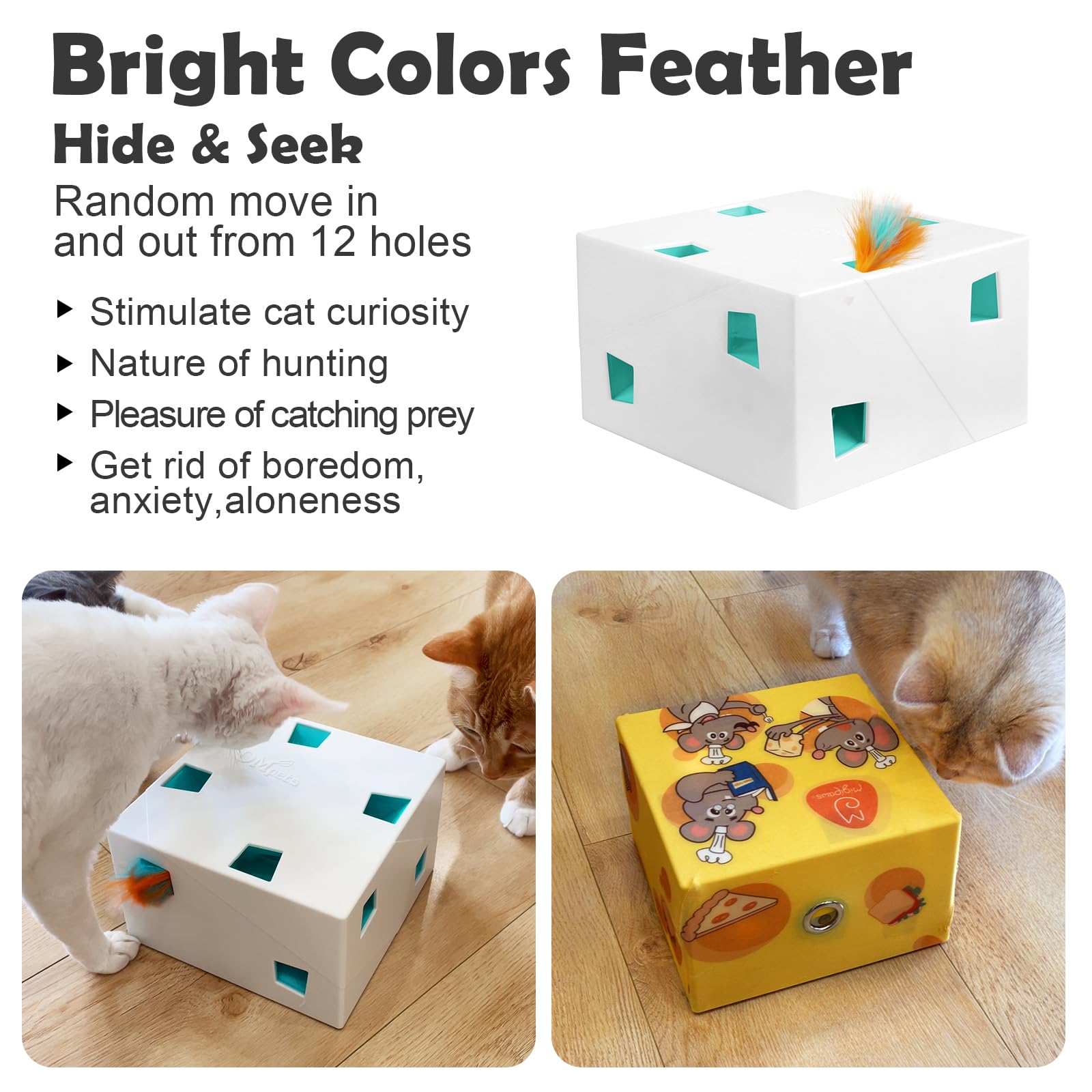 Migipaws MigiBox Plus - Juguetes automáticos para gatos, 3 en 1, interactivos, misterio bajo PopSkin, 12 agujeros, cartón, juguetes para gatitos para interiores, recargables, 8 accesorios (blanco)