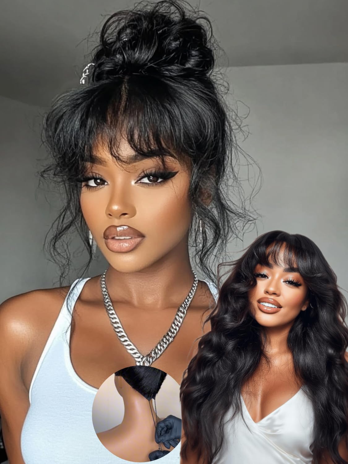 Sunber Bye Bye Knots 7x5 Lace Front Glueless Fluffy Natural Loose Wave Curtain Bangs Wig 180% Density Human Hair Wigs Pre Plucked Invisible Knots Pre