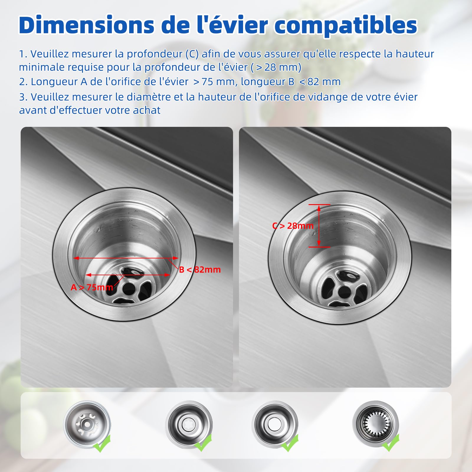 Hibbent Bouchons Évier Cuisine 3 en 1 Améliorés, Crépine Acier Inoxydable avec Base ABS, Double Joint Caoutchouc, Anti-Bouchage, Anti-Odeurs, Profondeur 28 mm, Nickel Brossé