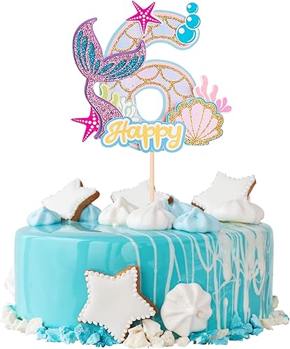 Gyufise 1 pieza de decoración de pastel de sirena de seis cumpleaños para niños y niñas, baby shower bajo el mar, temática de sirena, suministros de