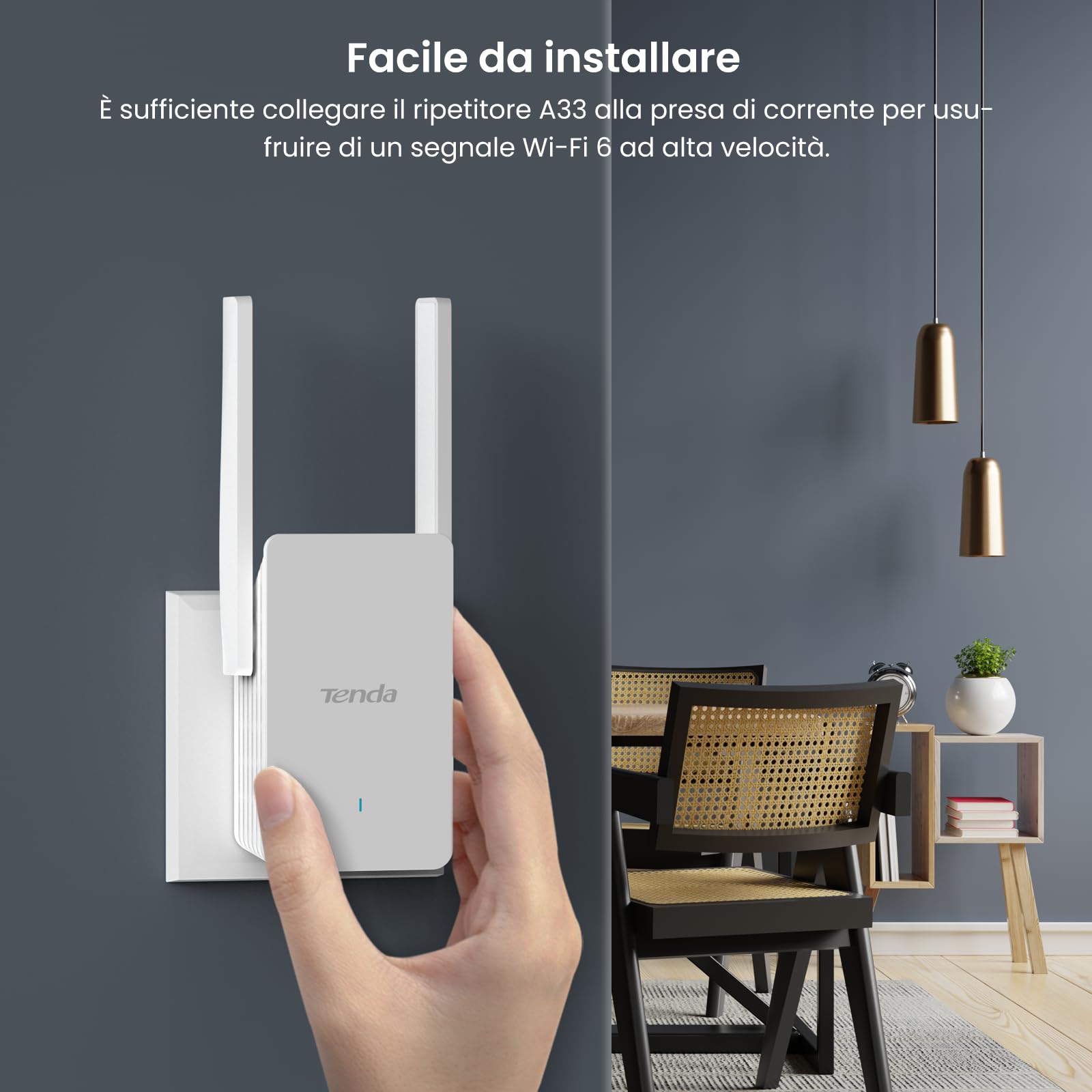 Tenda A33 Ripetitore WiFi 6 AX3000, Amplificatore WiFi 6 Doble Band Gigabit, Modalità AP, Pulsante WPS, LED Segnale Intelligente