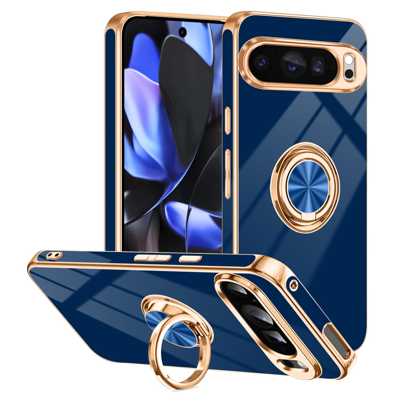Tnarru Designed for Google Pixel 9 Pro XL Case with Ring Stand, Support Magnetic Car Mount Rotating Finger Holder Soft TPU Cover Plating Edge Slim