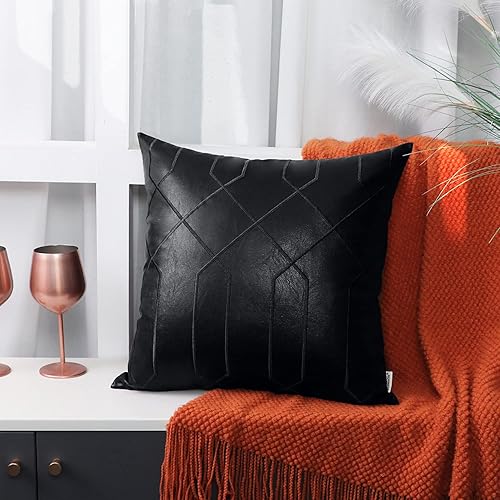 Miniatura 4 de BRAWARM Fundas de almohada de cuero 20 x 20 pulgadas, paquete de 2 fundas de almohada de cuero sintético negro, fundas de almohada decorativas de
