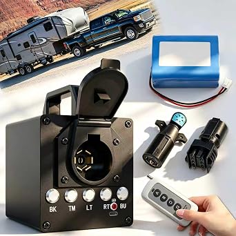 Portable Trailer Light Tester Box, Wireless Remote Control Operation, with 12V 10Ah Battery and 7 Pin Trailer Plug, 7-Way Flat spade 3/4/5-Flat Pin Type, Testing Most Trailer Taillights Black
