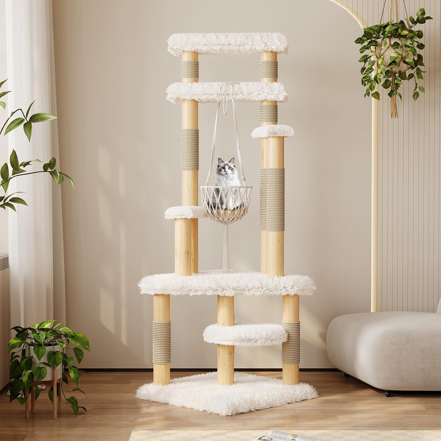 70" Modern Solid Wooden Cat Tree Tower for Large Adult Indoor Cats, Multi-Level Luxury Cat Furniture with Sisal Scratching Post & Hammock, White