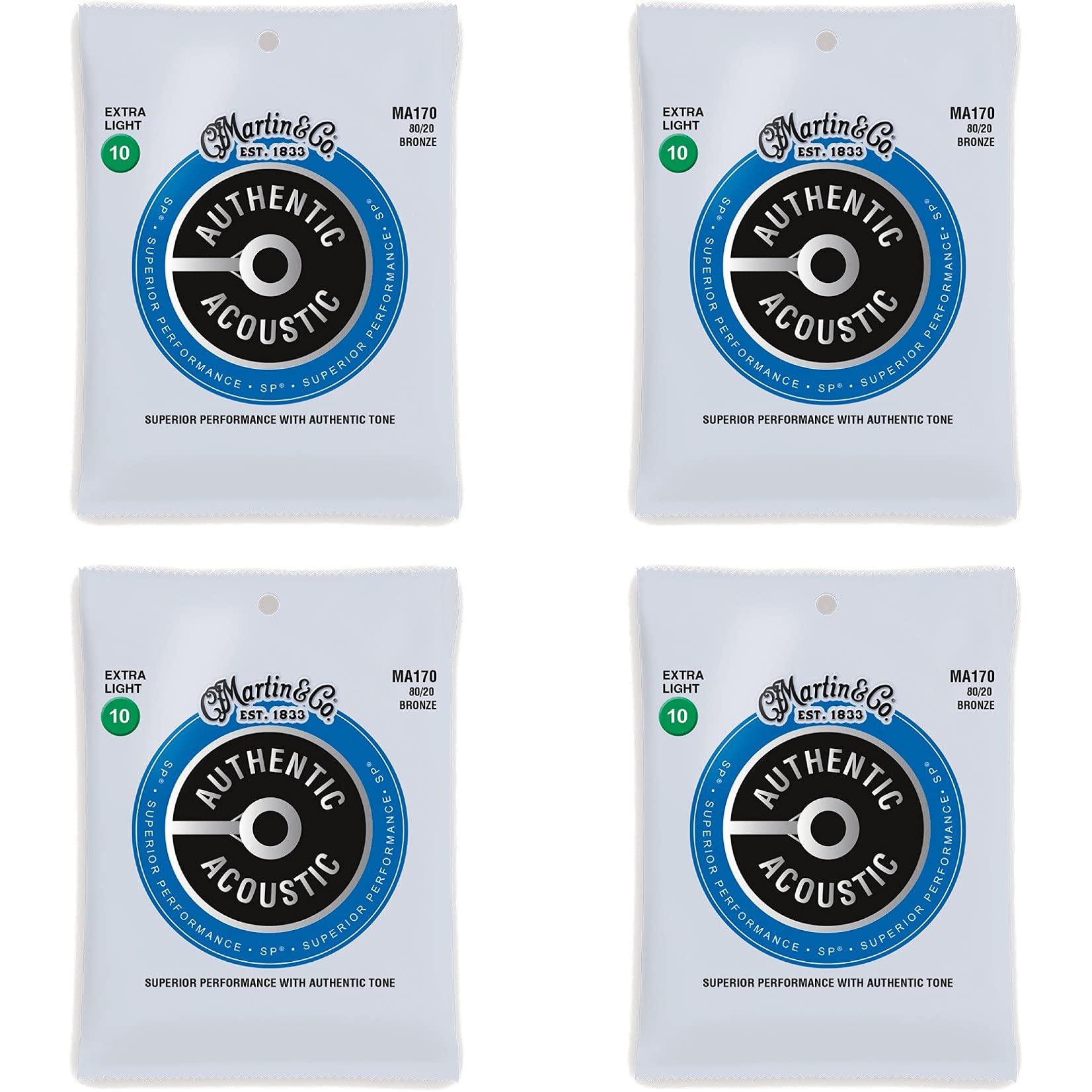Martin Strings MA170 Authentic Acoustic SP 80/20 Bronzo Acoustic Guitar Strings (4 Packs)