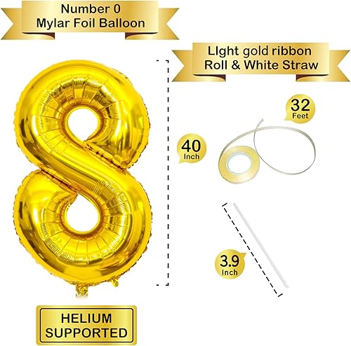 Miniatura 2 de Globos dorados de 40 pulgadas, globos de número de aluminio de Mylar de helio para cumpleaños, globo número 8 para decoraciones de cumpleaños de 8