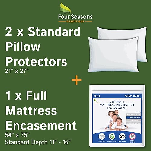 Paquete - 2 artículos funda de colchón con cremallera de tamaño matrimonial + protectores de almohada estándar con cremallera