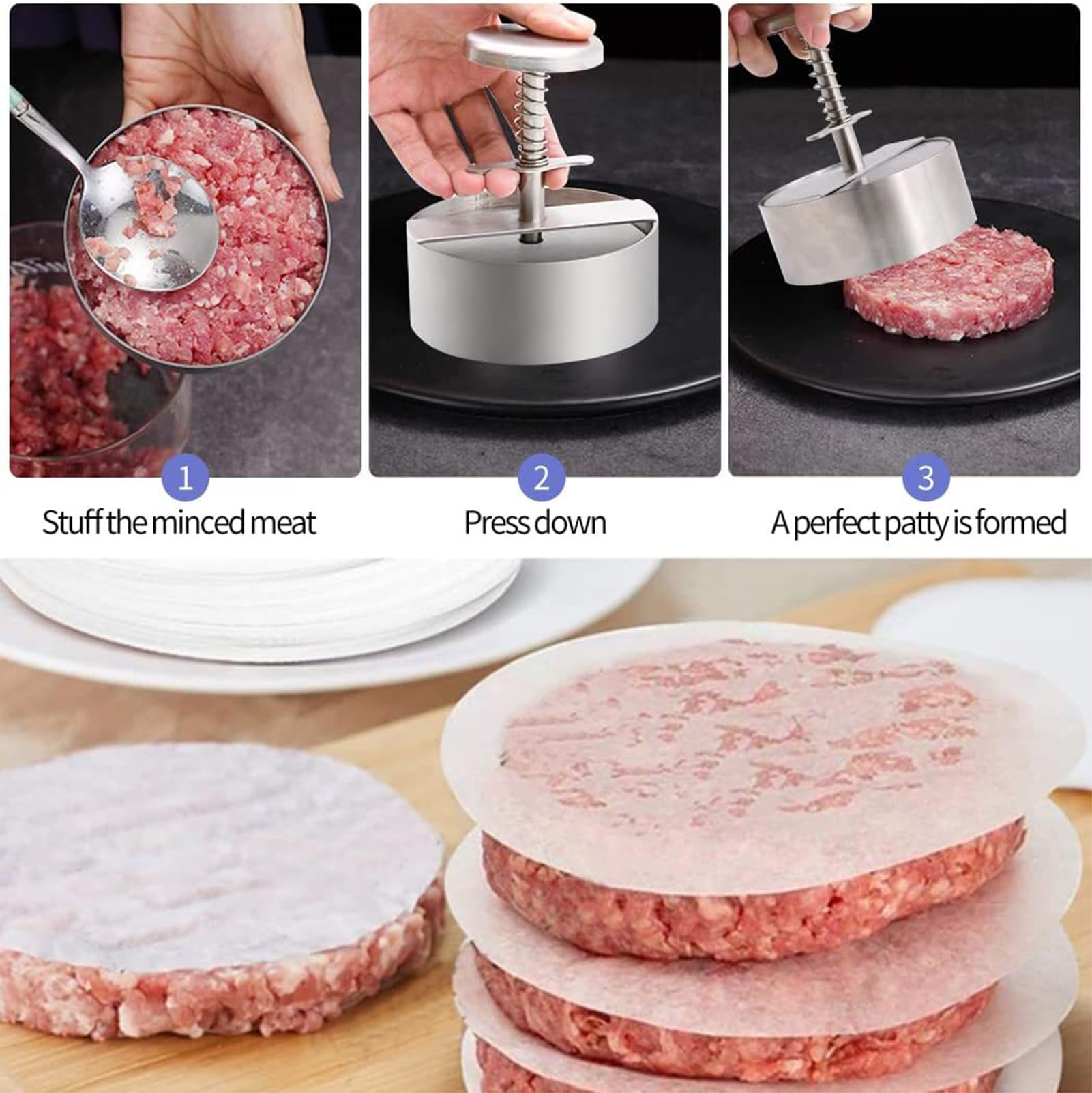 Edelstahl-Pattypresse, manuelle federbelastete Burgerpatty-Form, DIY-Reisbällchen-Füllform – ideal für Heimküchen, Grillpartys, Cafés und Restaurants,Silber,14 x 5 x 11.4 cm