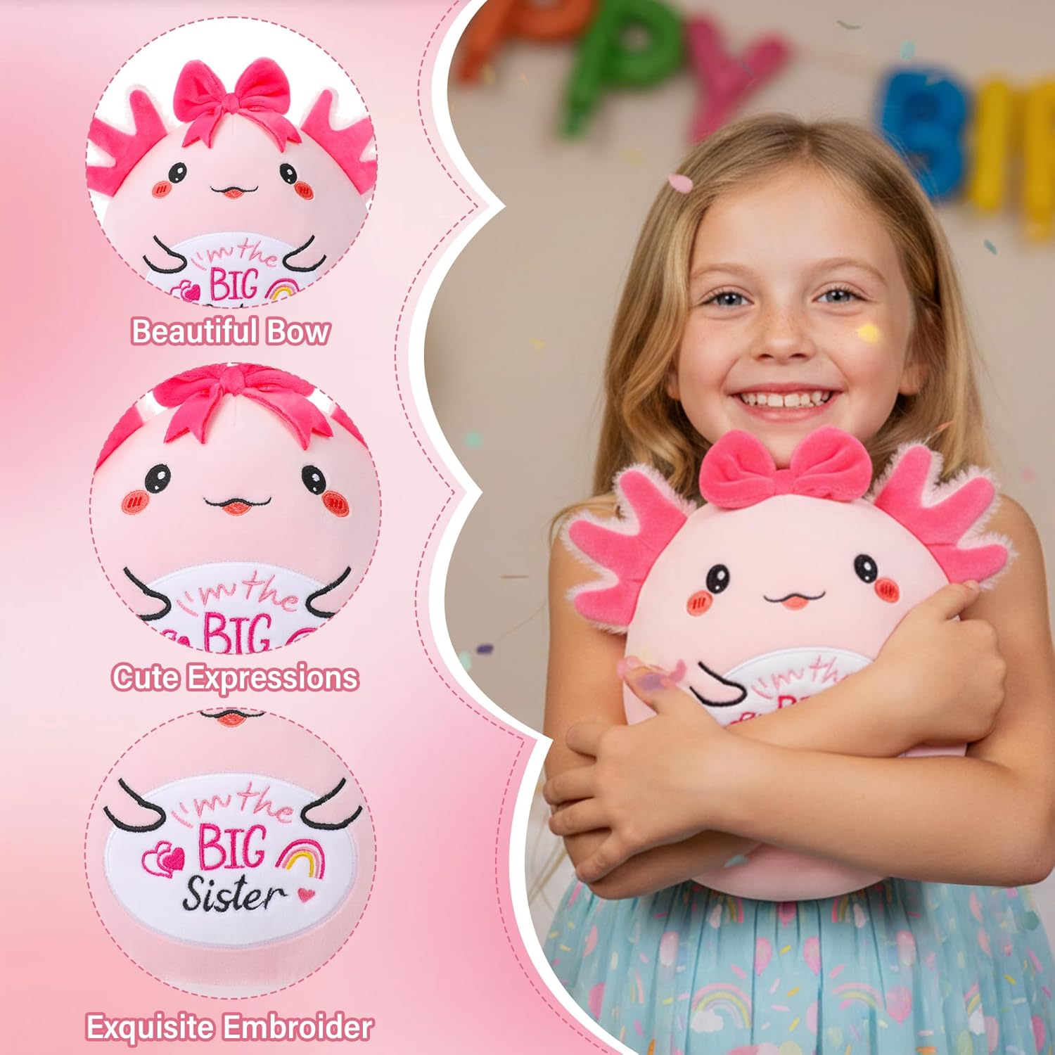 Big Sister Pink Axolotl Plush - I’m the Big Sister Salamander Stuffed Animal for Girls Perfect Christmas New Baby Announcement Sibling Gift Ideas 9 Inch