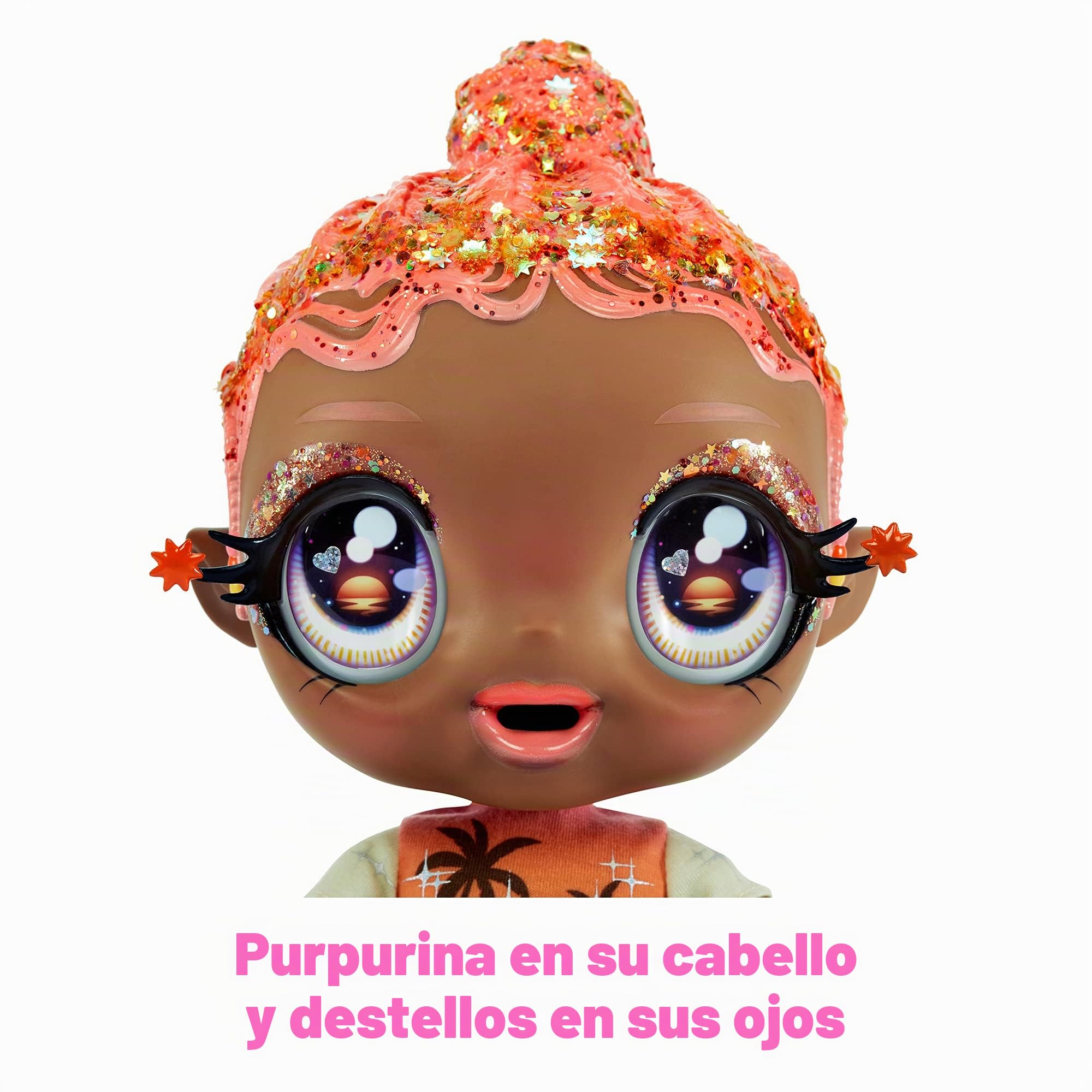 Glitter Babyz Muñeca Solana Sunburst - Con 3 cambios de color mágicos, pelo rosa coral y vestido tropical - Incluye pañal, biberón y chupete reutilizables - Para coleccionar - Edad: 3+ años