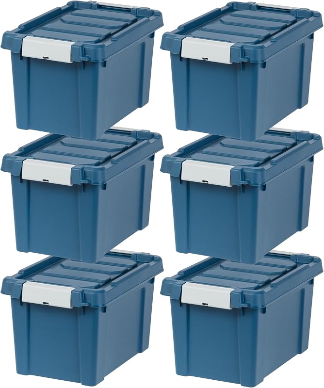 IRIS USA Paquete de 6 bolsas de almacenamiento resistentes con cerradura y tapa de 5 galones, azul marino | Diseñado para herramientas, hardware, suministros de emergencia y equipos pequeños, el diseño apilable mantiene los espacios organizados.