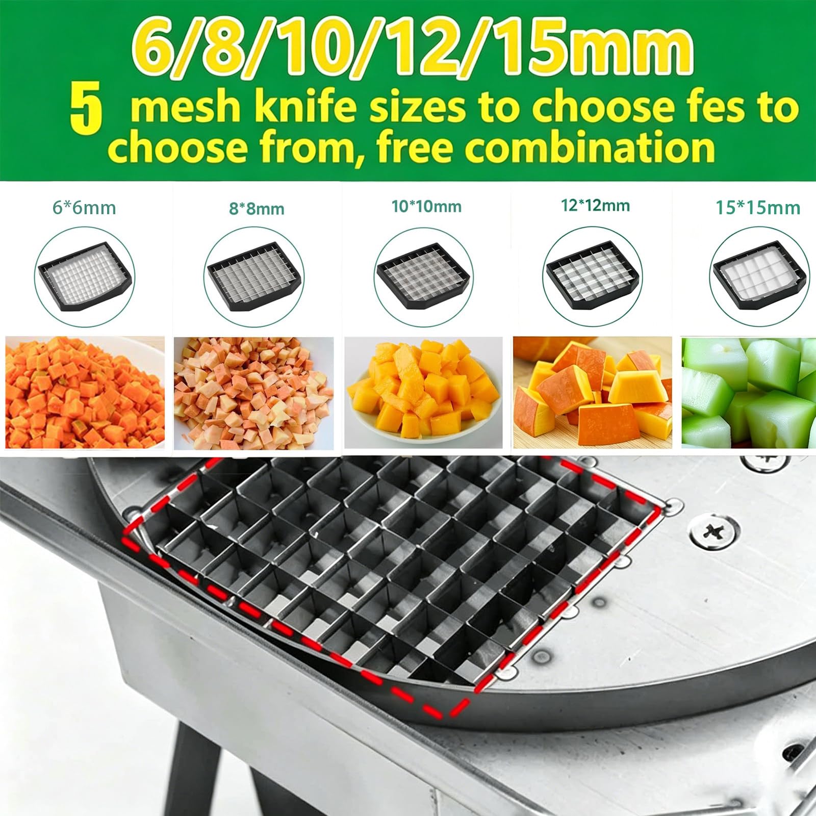 Robot da Cucina Professionale Taglia Verdure a Cubetti - 5 Griglie 6-15mm - Automatico, Sicuro - 165 lb/h - Acciaio Inox Lavabile - per Ravanelli, Sedano 8mm