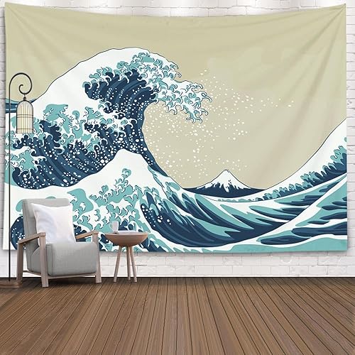 Miniatura 1 de Pamime Tapiz de olas del océano, gran montura en ola, tapiz colgante Fuji para sala de estar, 60 x 50 pulgadas, tapiz de pared interior, azul y