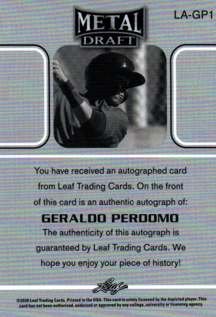 Geraldo Perdomo Leaf Metal Draft Autographed Collectible Baseball Card - 2020 Leaf Draft Metal Variation Baseball Card #LA-GP1 (Draft Pick Card) Free Shipping