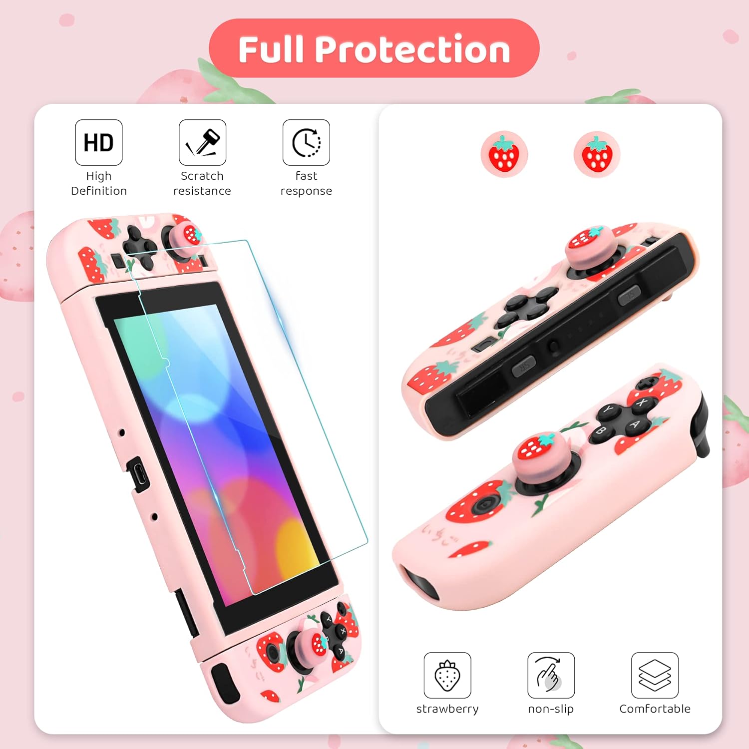 FUNDIARY Pink Travel Carrying Case for Nintendo Switch with Strawberry Design, Shockproof Accessories Kit with Slim Portable Storage Bag, Dockable Case, Screen Protector, Shoulder Strap & 2 Thumb Caps - Image 6
