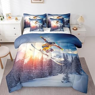 Erosebridal Boys Skiing Full Comforter Set - 7 Pieces Bed in a Bag Skating Extreme Sport Full Bedding Comforter Sets,Snow Field Ski Skate Comforter with Fitted Sheets,Flat Sheets,Pillowcases & Shams