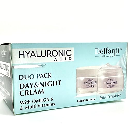 Delfanti Milano HIALURÓNICO Paquete DUO desafía la edad Cremas de día y noche Crema hidratante para rostro, cuello escote para reafirmar, tensar