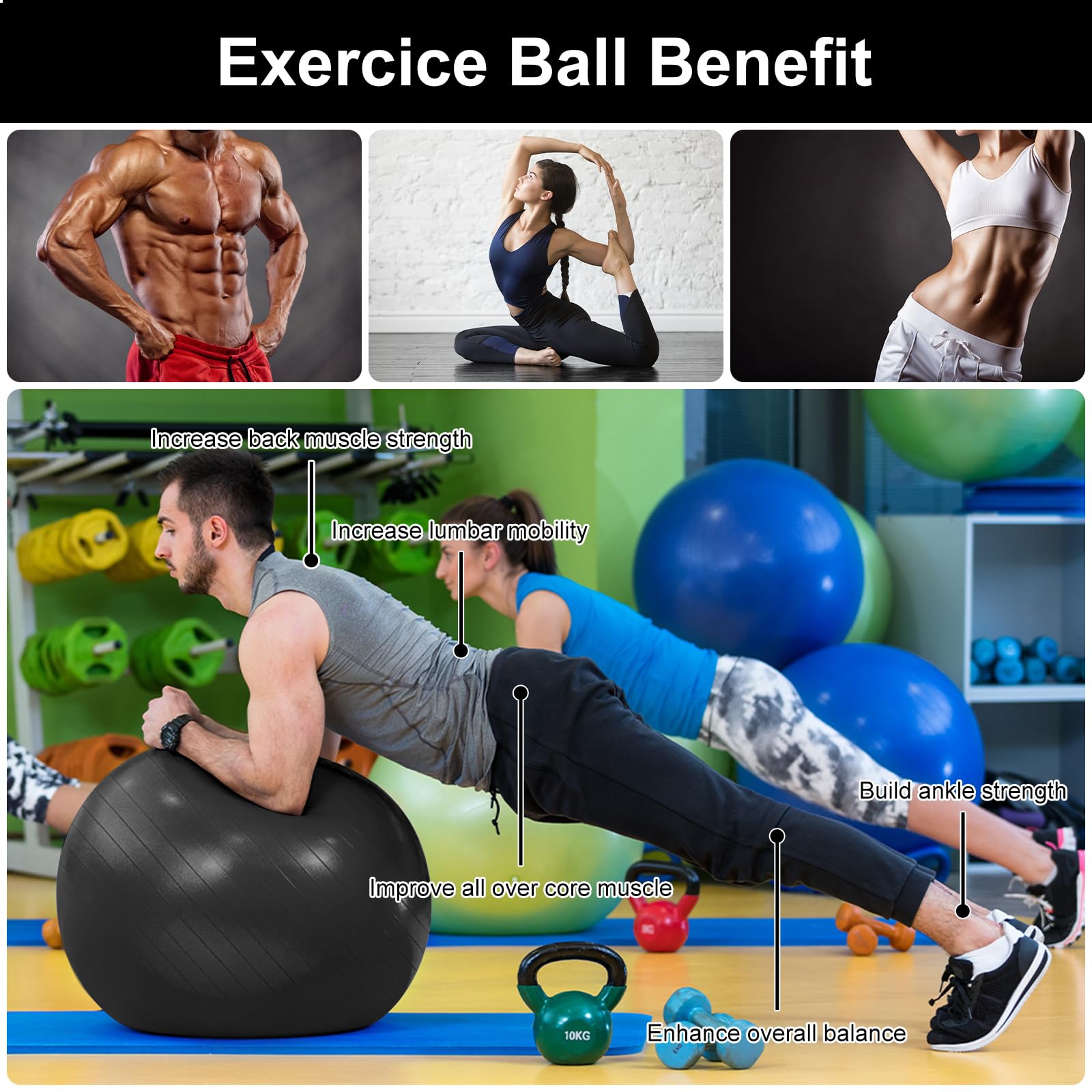 flintronic Palla Fitness, Palla da Ginnastica, 55/65cm Palla Anti-Scoppio, Palla di stabilità, con Pompa, Strumento Tappo Pompa, E Manuale per Yoga, Esercizi di Equilibrio, Allenamento, Fitness