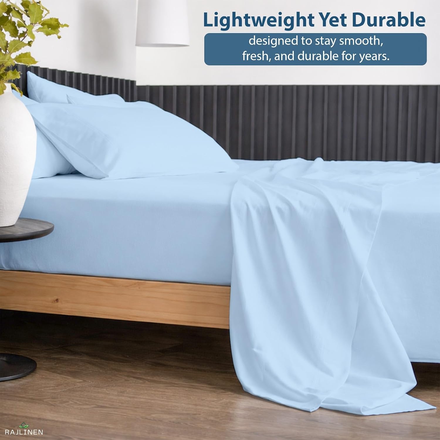 Rajlinen 100% Cotton Full Sheets Set, Cooling & Breathable Bed Sheets, 16 Inch Deep Pocket Fitted Sheet with All-Around Elastic, Soft & Durable Bedding Set, Light Blue Solid