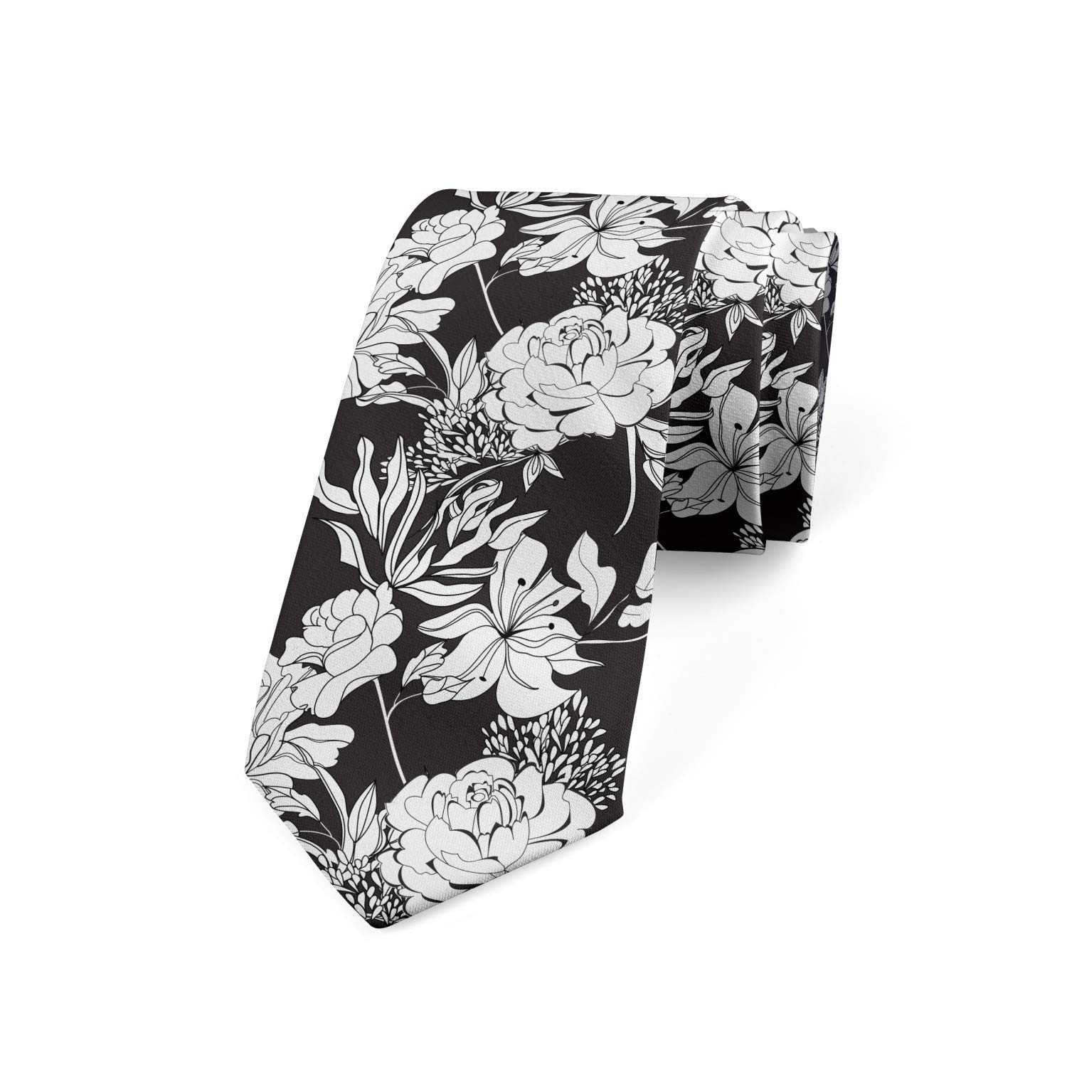 Wpamlrta Men's As Pic Necktie Growth Foliage Lily Flower Dress Tie 3.7" Black White
