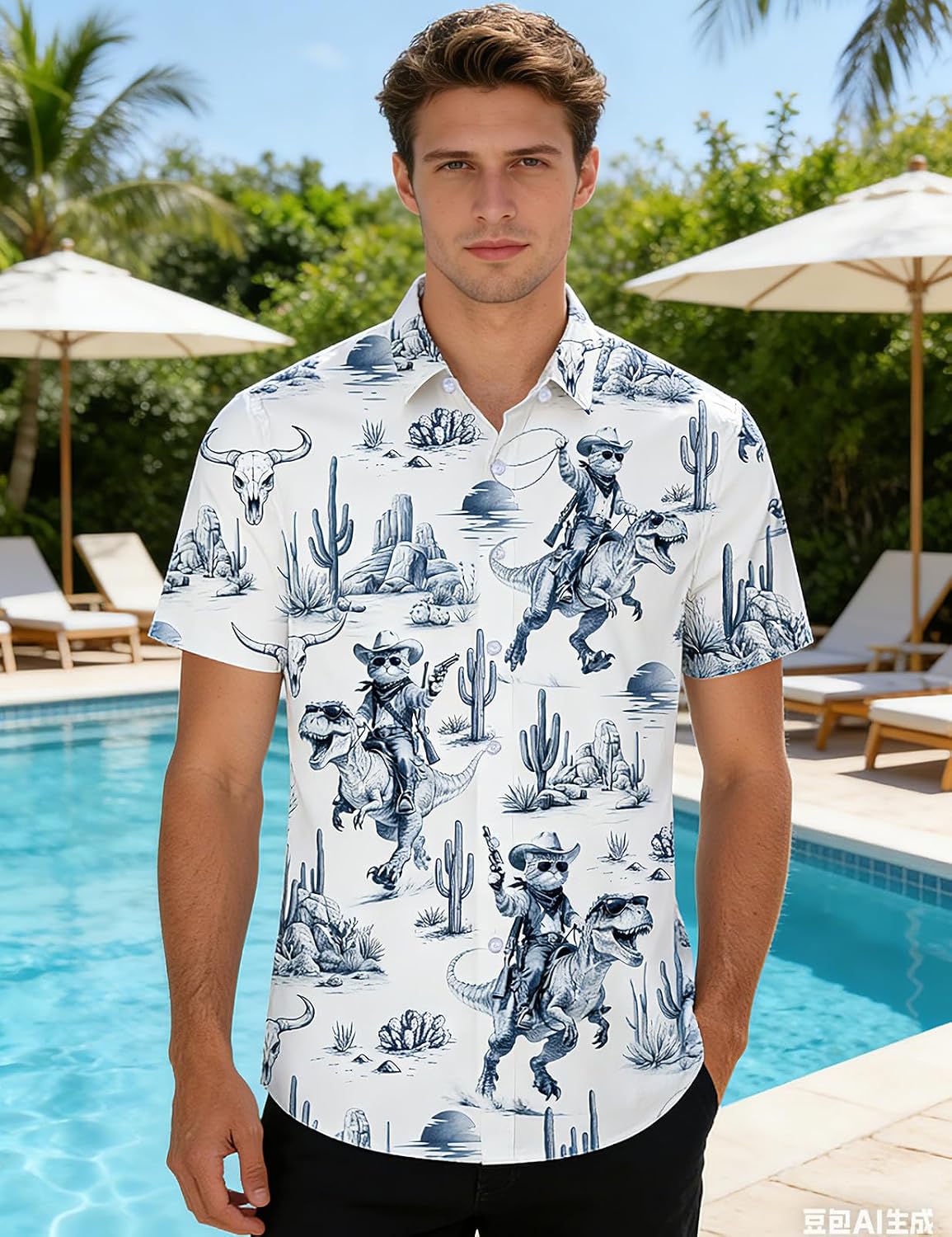RAISEVERN Mens Hawaiian Shirt Western Cowboy Button Down Short Sleeve Summer Beach Dress Shirt
