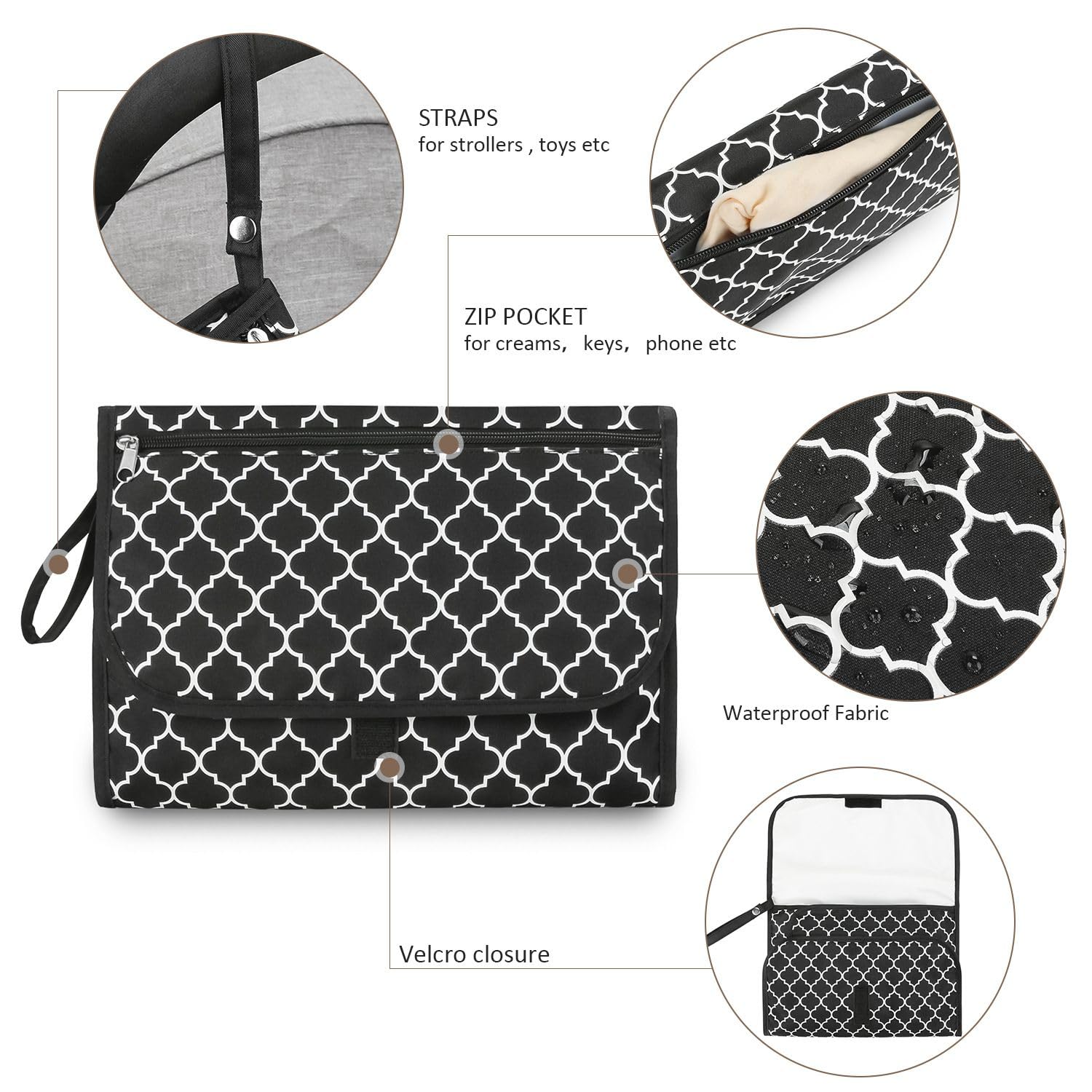 Baby Changing Diaper Pad Travel Portable Waterproof Diaper Pad Multifunctional Bag Mommy Bag Accessories Black, Diaper Pads - Black