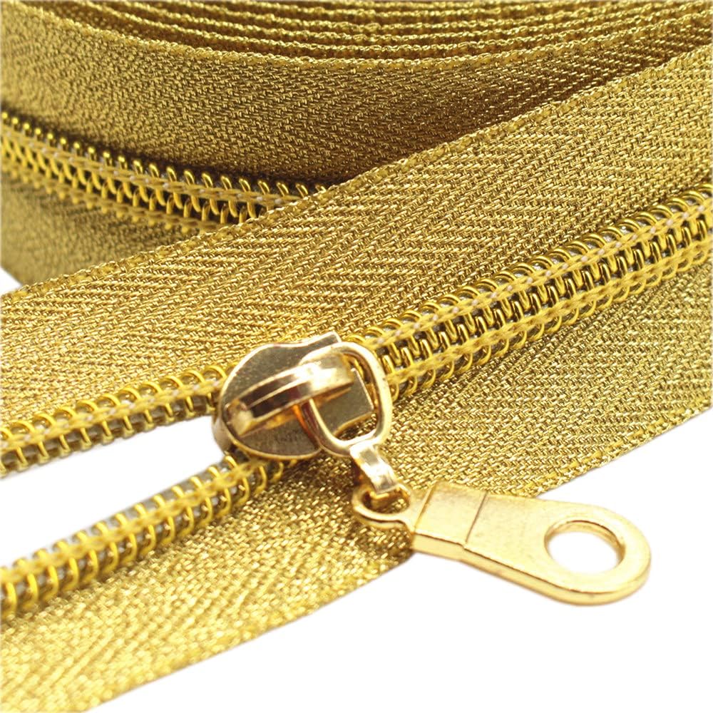 YaHoGa #5 Gold Metallic Nylon Coil Zippers by The Yard Bulk 10 Yards with 25pcs Pulls for DIY Sewing Tailor Craft Bag (Gold Tape)