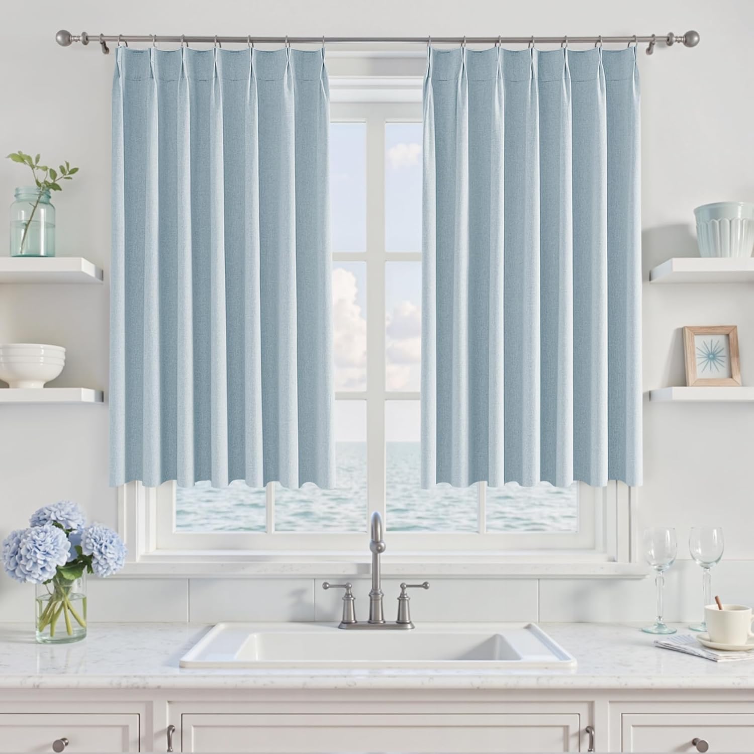 UHITECH Linen Blackout Curtains 45 Inch Long 2 Panels Set Kitchen Window Curtains Over Sink Short Black Out Drapes Thermal Pinch Pelated