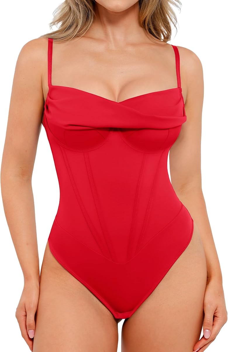 Popilush Bodysuits for Women Tummy Control Shapewear Corset Tops | Body Sculpting, Underwire Support for Lift, Cowl Neck, Low Back, Soft Stretch Fabric, Concert Date Night Going Out Outfits