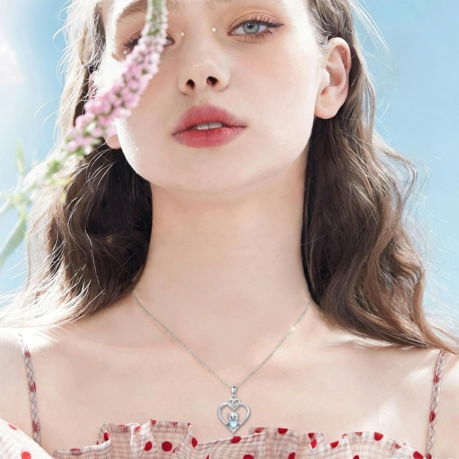 ROMANTICWORK Süße Tier Halskette mit Mondstein 925 Sterling Silber Herz Anhänger Tier Schmuck Jubiläum Geburtstag Weihnachts Geschenke für Frauen Frau Tochter