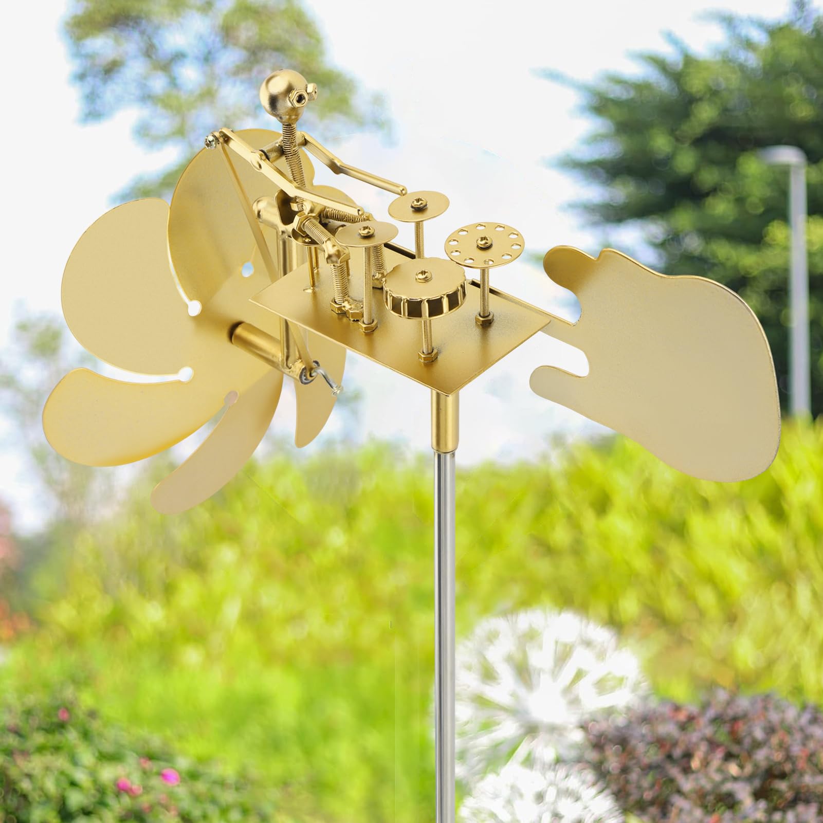 Handmade Metal Drummer Windmill, Rock Art Sculptures, Wind Mill for Yard and Garden, Drummers Windmill Garden Decoration,Wind Spinners for Yard Lawn Gardens Patio Drummers Decor - Image 2