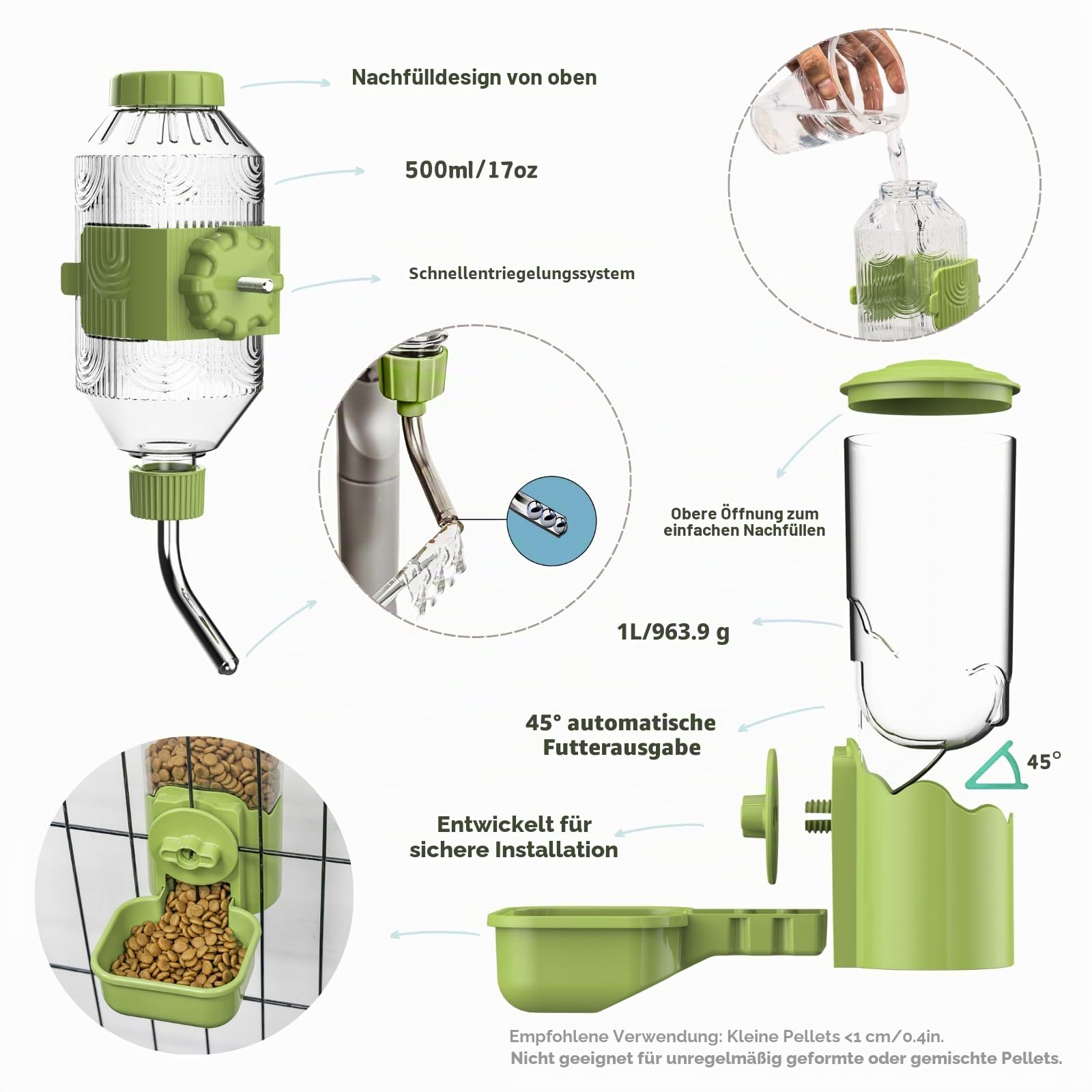 Automatischer Futter Wasserspender für Haustiere, Hängend Wasserflaschen Futterspender für Käfige, Futterstation für Welpen, Kätzchen, Kaninchen, Meerschweinchen, Chinchillas, Frettchen, Igel (Grün)
