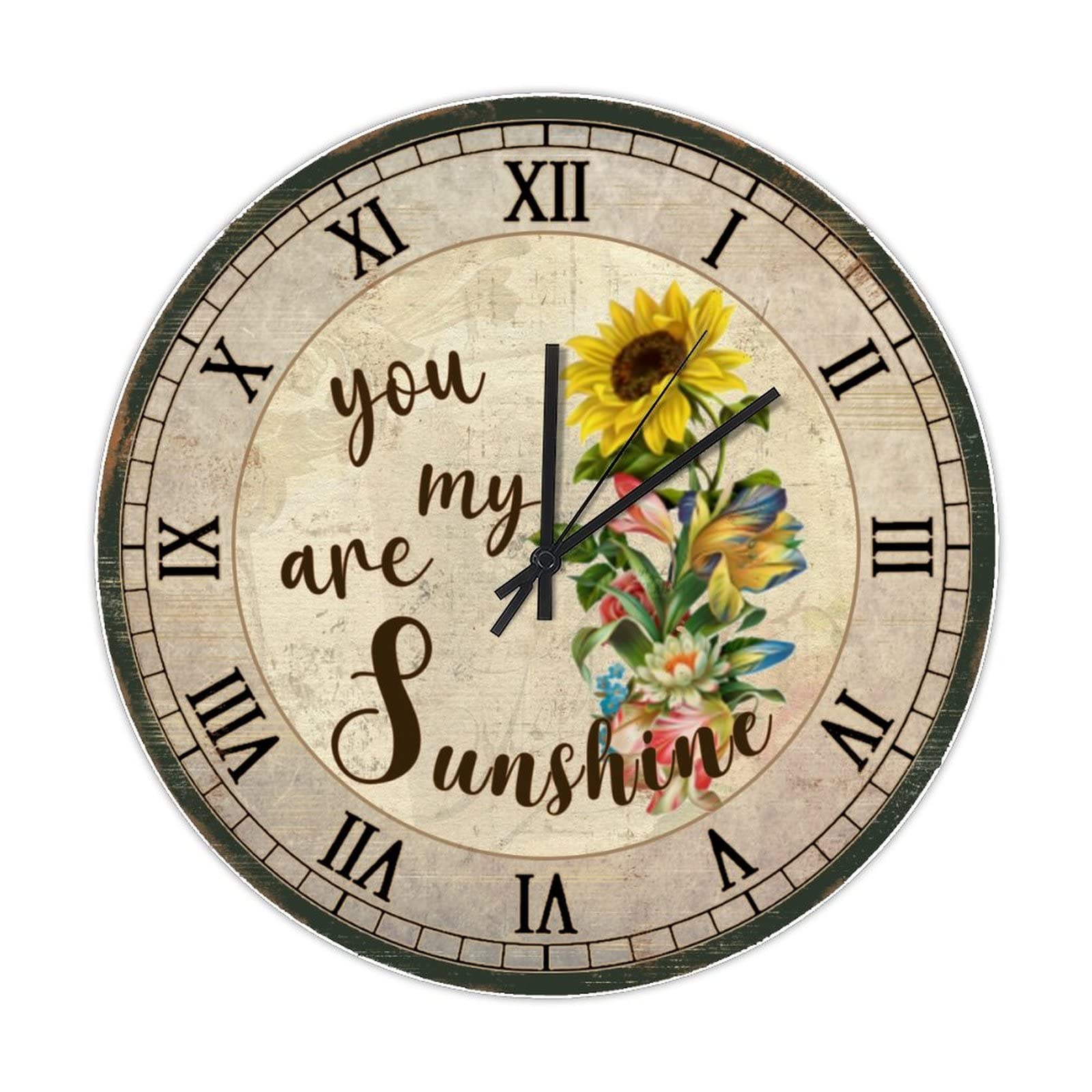 Horloge murale ronde en bois vintage 38cm motif tournesol rustique