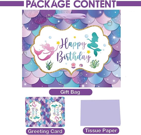 Laidans 16.5 Inch Extra Large Mermaid Birthday Gift Bag for Girls and Kids