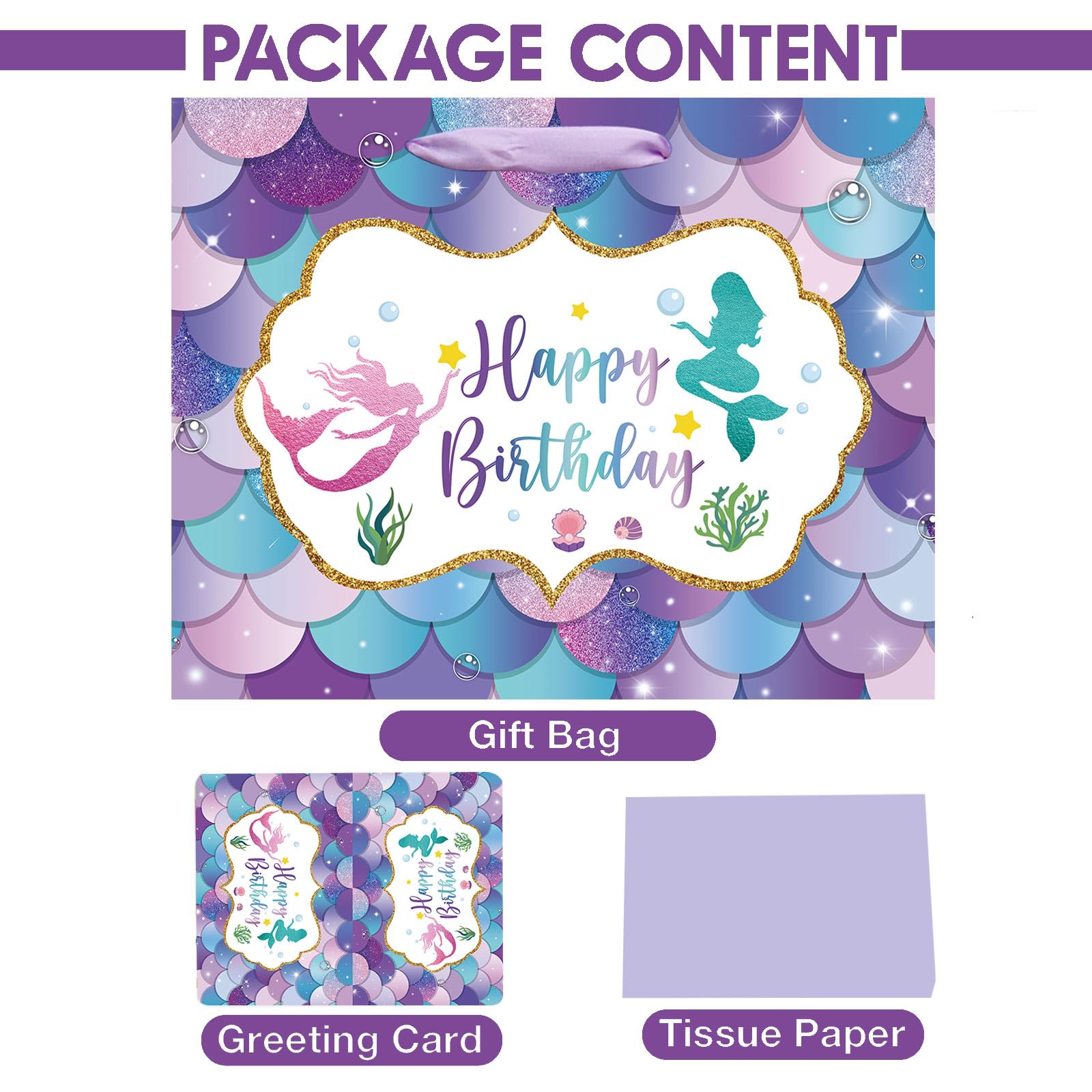16.5" Large Mermaid Happy Birthday Gift Bag with Handle, Tissue Paper and Card for Kids Girls (16.5in Purple)
