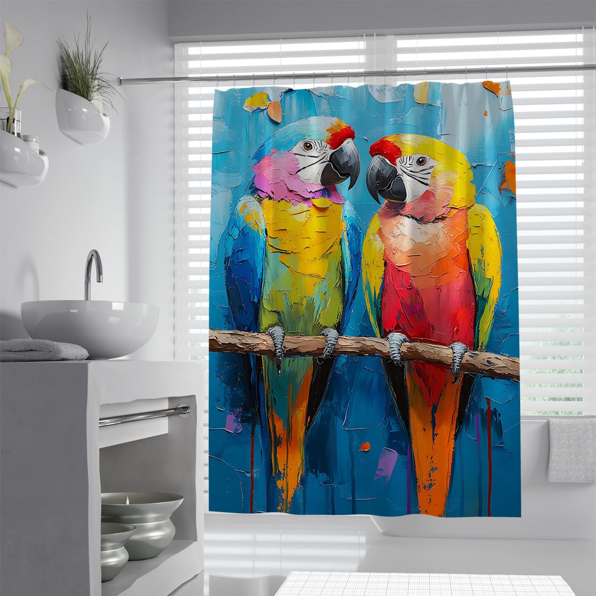 Parrot Shower Curtains W200xL220cm Vibrant Rainbow Colorful Birds Bright Dark Blue Background Exotic Animals Waterproof Mould Resistant Washable Fabric Bath Curtain Bathroom Decoration with Hooks