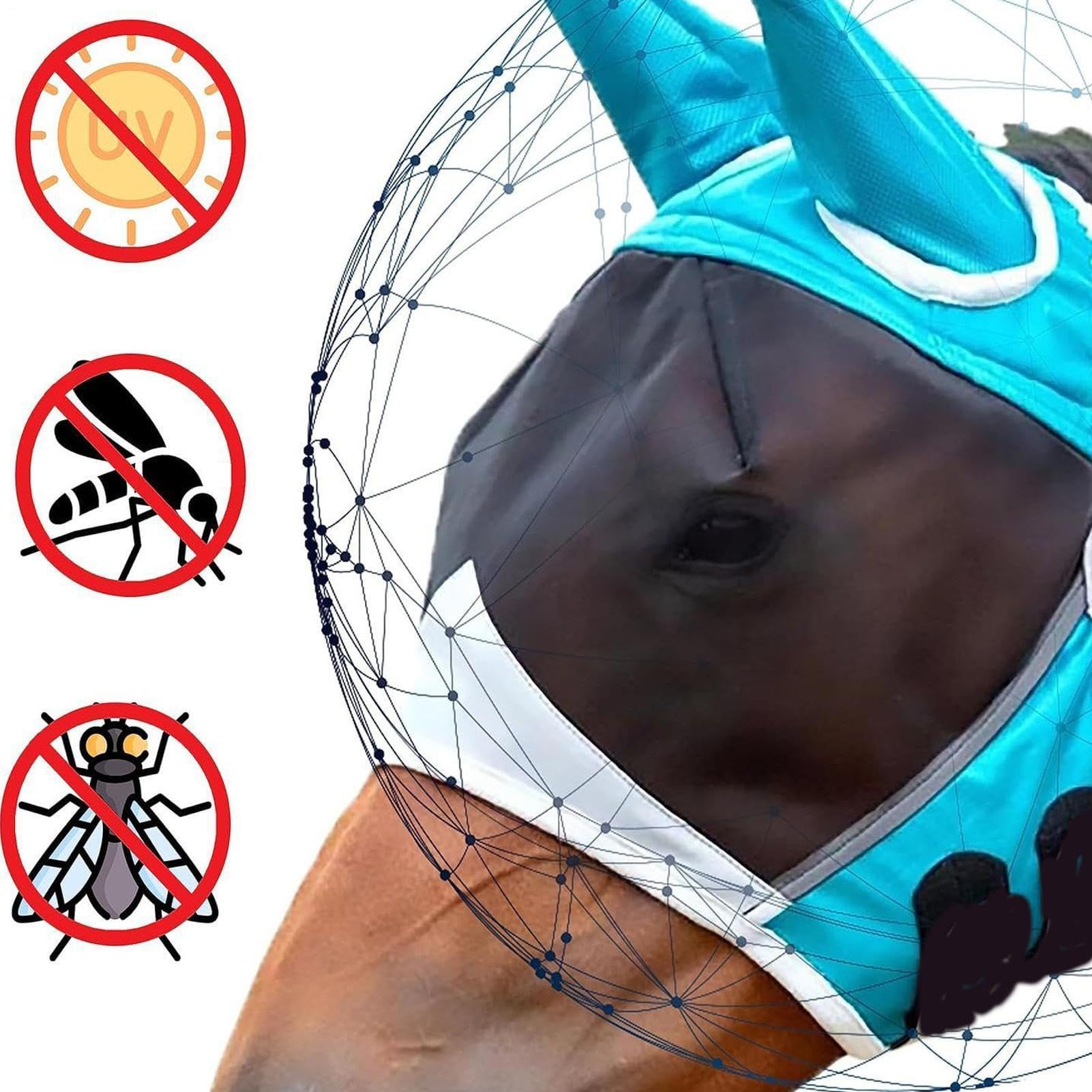 Masque Anti-Mouches pour Cheval,Tissu Respirant Protection UV,Couvre-tête Demi-Visage avec Oreilles et Bandeau élastique - pour bétail, Vaches, Ferme, Toutes