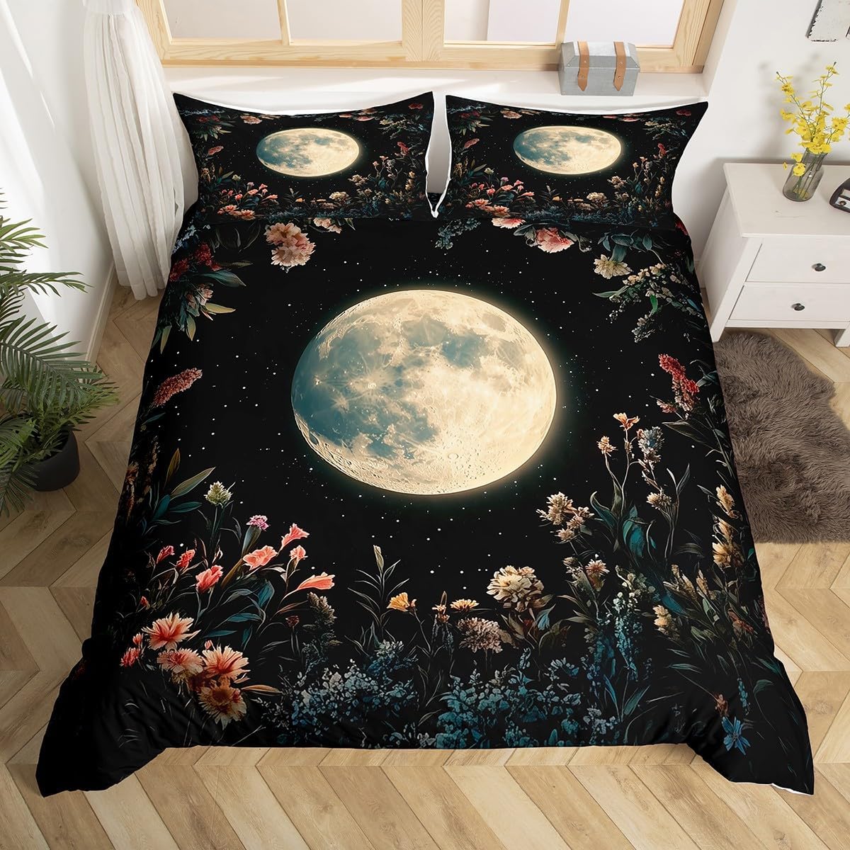 Erosebridal Boho Moon Duvet Cover Bohemian Starry Glitter Twin Bedding Set,Extoic Flowers Printed Comforter Cover for Girls Teens Adults Botancial Plant Floral Bed Cover with 1 Pillow Case