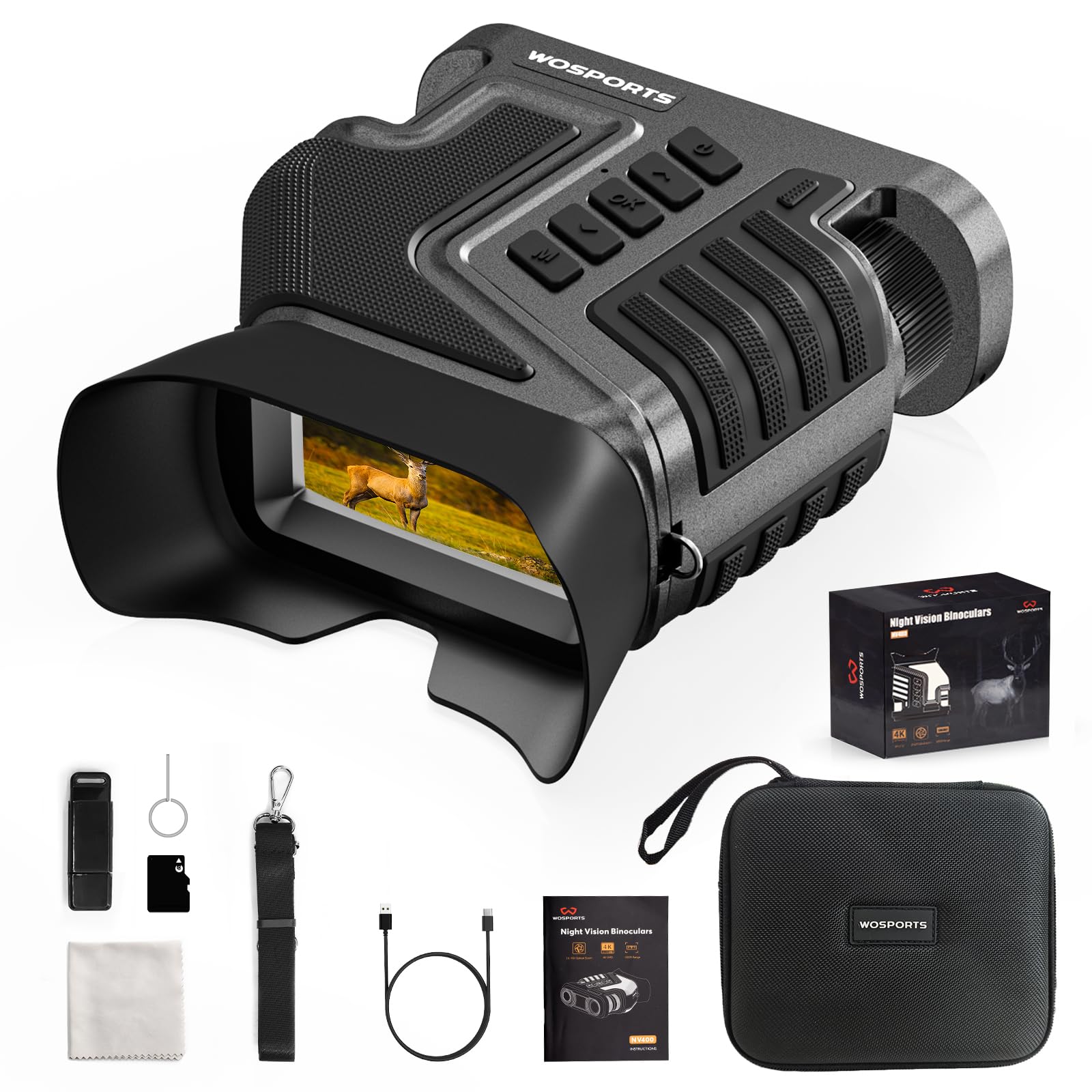 WOSPORTS 4K Night Vision Goggles, 10X Optical &amp; 8X Digital Zoom, 48MP