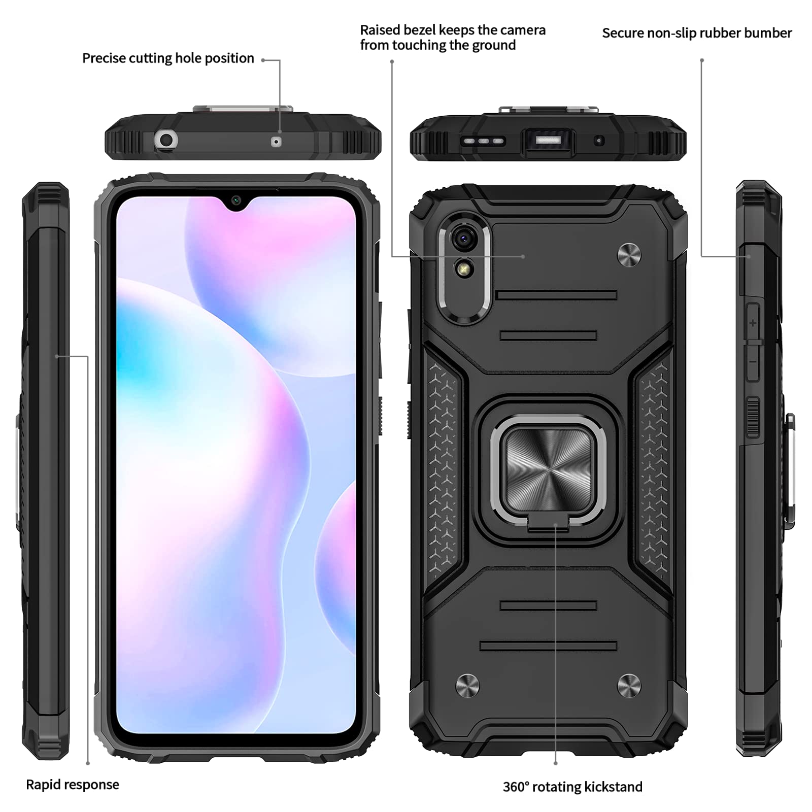 Per Xiaomi Redmi 9A Custodia protettiva per fotocamera Armatura protettiva Antiurto Supporto per auto Anello Custodia per Xiaomi Redmi 9AT per Redmi 9 AT 9A T  202192403