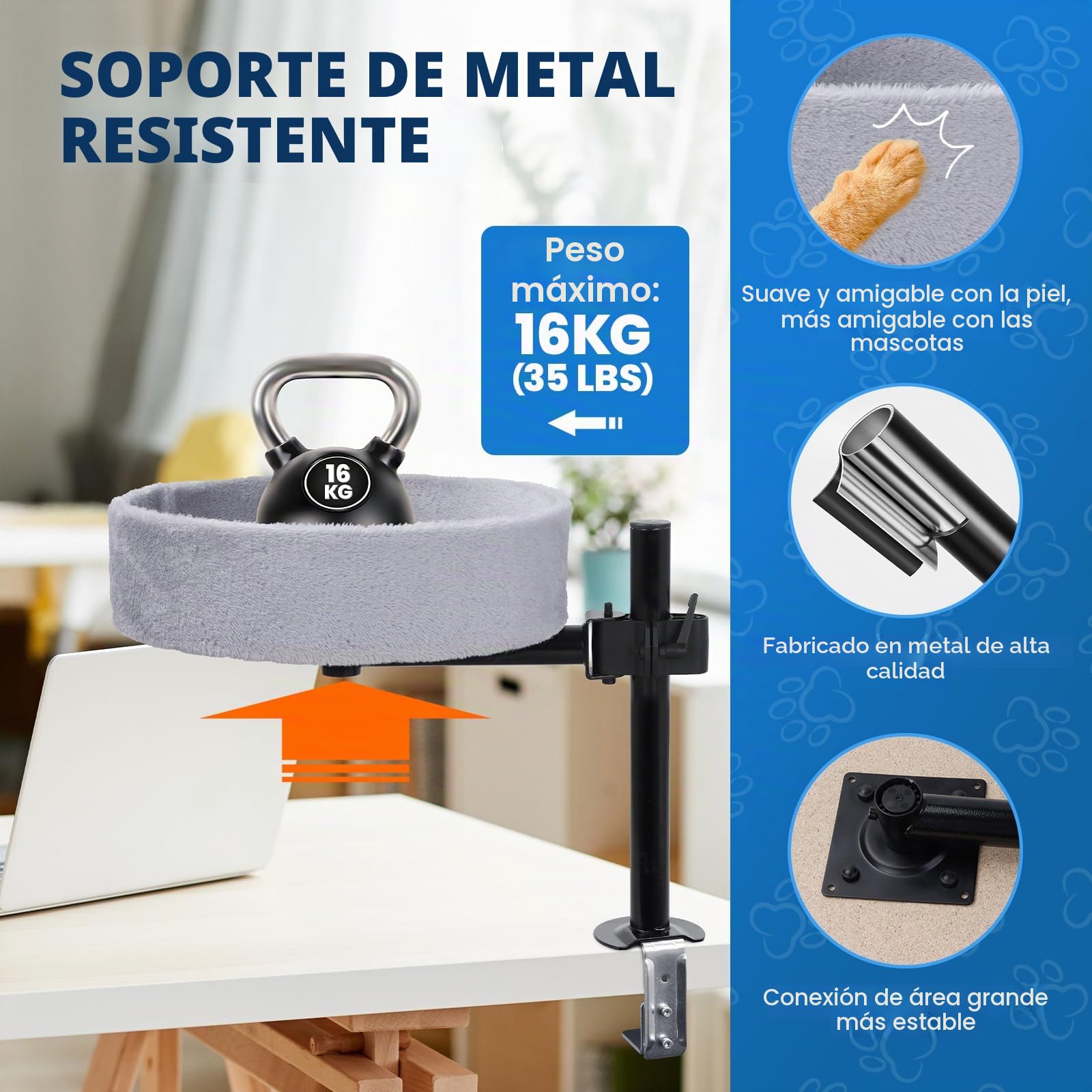 BSWAY Cama para Gatos para Escritorio, sin taladrar, rotación de 360°, Altura Ajustable, casa elevada para Gatos sobre el Escritorio (​​Gris, XL)
