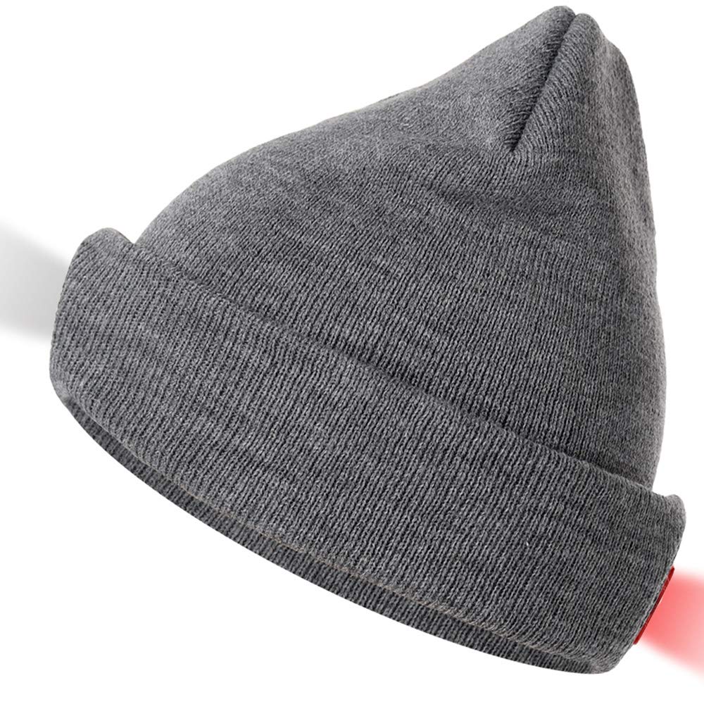Beanie Hat with Light, Beanie Hat with Front and Rear Light, USB Rechargeable Hands Free Torch Hat for Dog Walking Camping Unisex Knit Hat