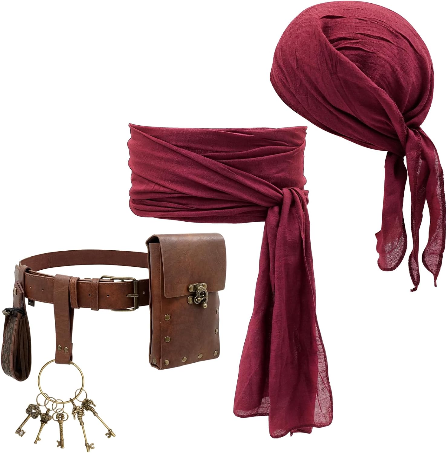 Pirate Costume Accessory Set for Renaissance Faire - Head Scarf Bandana, Faux Leather Belt with Pouch, Coin Purse and Keyring for Medieval Cosplay